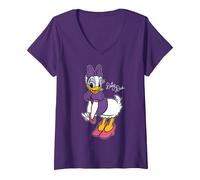 Damen Disney Daisy Duck Retro Character Sassy Pose Trip Matching T-Shirt mit V-Ausschnitt, Violett, L
