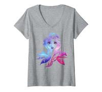 Damen Disney Die Eiskönigin 2 Elsa, zweifarbiges Porträt mit Farbverlauf T-Shirt mit V-Ausschnitt, Grau Meliert, L