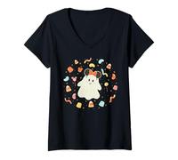 Damen Disney Halloween Minnie Mouse Ears Cute Ghost Candy Treats T-Shirt mit V-Ausschnitt