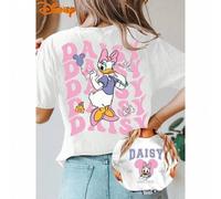 Damen Disney kurze Ärmel klassische Vintage Cartoon Gänseblümchen großer Schmetterling Doppelseitiger Druck-Kragen Sommer T-Shirt für Frühjahr, Sommer