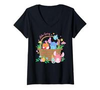 Damen Disney Lilo & Stitch + Angel Aloha Spring Easter Eggs Basket T-Shirt mit V-Ausschnitt