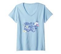 Damen Disney Lilo & Stitch Stitch Is Coastal Cool Big Chest Logo T-Shirt mit V-Ausschnitt