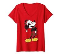 Damen Disney Mickey And Friends Weihnachten Mickey Plaid Portrait T-Shirt mit V-Ausschnitt, Rot, M