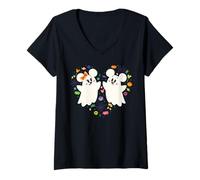 Damen Disney Mickey and Minnie Cute Little Ghosts Halloween Heart T-Shirt mit V-Ausschnitt
