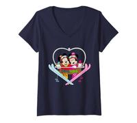 Damen Disney Mickey and Minnie Mouse Heart Shaped Ski Lift T-Shirt mit V-Ausschnitt