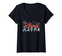 Damen Disney Mickey & Friends Fireworks 4th of July Script Logo T-Shirt mit V-Ausschnitt