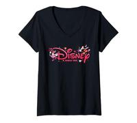 Damen Disney Mickey & Minnie Valentine's Day Family Trip Logo T-Shirt mit V-Ausschnitt