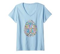 Damen Disney Mickey Mouse and Minnie Mouse Filled Happy Easter Egg T-Shirt mit V-Ausschnitt, Himmelblau, L