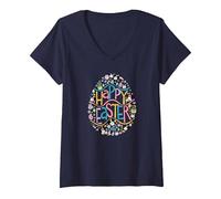 Damen Disney Mickey Mouse and Minnie Mouse Filled Happy Easter Egg T-Shirt mit V-Ausschnitt, Marineblau, L