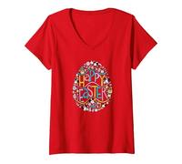Damen Disney Mickey Mouse and Minnie Mouse Filled Happy Easter Egg T-Shirt mit V-Ausschnitt, Rot, S