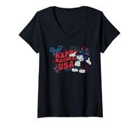Damen Disney Mickey Mouse Happy Birthday USA 4th of July 250th T-Shirt mit V-Ausschnitt