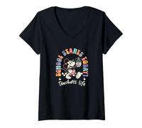 Damen Disney Mickey Mouse School Starts Today! Teacher's Life T-Shirt mit V-Ausschnitt
