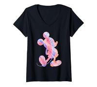 Damen Disney Mickey Mouse Silhouette 90s Tie Dye T-Shirt mit V-Ausschnitt, Schwarz, L