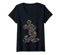 Damen Disney Mickey Mouse Spring Flower Easter Egg Silhouette Pose T-Shirt mit V-Ausschnitt