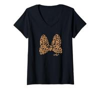 Damen Disney Minnie Mouse Classic Leopard Print Bow T-Shirt mit V-Ausschnitt