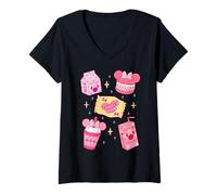 Damen Disney Minnie Mouse Sweet Treats Pink Coquette Collage T-Shirt mit V-Ausschnitt