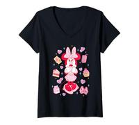 Damen Disney Minnie Mouse Sweet Treats & Pink Hearts Coquette T-Shirt mit V-Ausschnitt