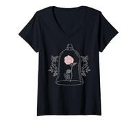 Damen Disney-Motiv „Die Schöne und das Biest“ aus Glas mit Rosenmotiv T-Shirt mit V-Ausschnitt