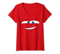 Damen Disney Pixar Cars Lightning McQueen Großes Gesicht T-Shirt mit V-Ausschnitt