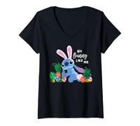 Damen Disney Stitch No Bunny Like Me Tropical Spring Easter Eggs T-Shirt mit V-Ausschnitt