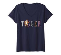 Damen Disney Winnie Puuh Tigger Namenstitel T-Shirt mit V-Ausschnitt, Marineblau, M