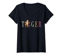 Damen Disney Winnie Puuh Tigger Namenstitel T-Shirt mit V-Ausschnitt, Schwarz, L