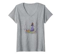 Damen Disney Wish Asha & Valentino Magical Forest Vignette T-Shirt mit V-Ausschnitt, Grau Meliert, S