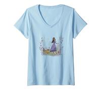Damen Disney Wish Asha & Valentino Magical Forest Vignette T-Shirt mit V-Ausschnitt, Himmelblau, S