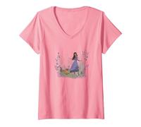 Damen Disney Wish Asha & Valentino Magical Forest Vignette T-Shirt mit V-Ausschnitt, Rosa, XL