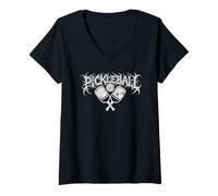 Damen Distressed Black Metal Death-Metal Pickleball Logo Art T-Shirt mit V-Ausschnitt