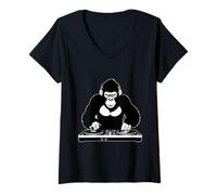Damen DJ Ape Gorilla Hip Hop - Urban Streetwear EDM Tanzmusik T-Shirt mit V-Ausschnitt