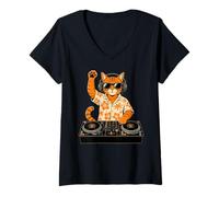 Damen DJ Cat, Disc Jockey, EDM, Plattenspieler, DJing T-Shirt mit V-Ausschnitt