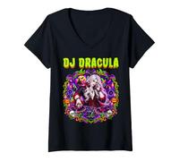 Damen DJ Dracula Vampire Disc Jockey Plattenspieler Vinyls Gruselig Gruselig T-Shirt mit V-Ausschnitt
