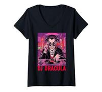 Damen DJ Dracula Vampire Disc Jockey Plattenspieler Vinyls Gruselig Gruselig T-Shirt mit V-Ausschnitt