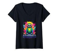 Damen DJ Papagei Retro Pop Art Style T-Shirt mit V-Ausschnitt