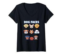 Damen Dog Faces Lustige Bunte Hunde Köpfe Welpen T-Shirt mit V-Ausschnitt