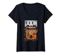 Damen Doom Eternal Gold Cover Art Scene Distressed Video Game T-Shirt mit V-Ausschnitt