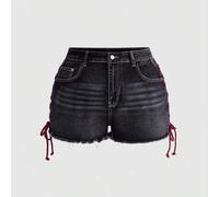 Damen Dunkel Gothic Herz Stickerei Tasche Muster Kordelzug Design Mini Super Kurz Jeans Shorts