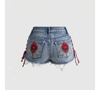 Damen Dunkel Gothic Herz Stickerei Taschenmuster Schnürung Design Mini Super Kurz Jeans Shorts