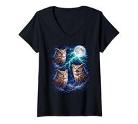Damen Dunkle Eulen unter dem Mond - Vintage Fantasy Lightning Art T-Shirt mit V-Ausschnitt