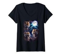 Damen Dunkle Tiger unter dem Vollmond Vintage Fantasy Lightning T-Shirt mit V-Ausschnitt
