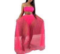 Damen durchsichtiger Mesh-transparenter Langer Rock, 3-teiliges Outfit, durchsichtiger plissierter Strandbekleidungs-Set