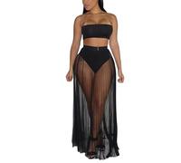 Damen durchsichtiger Mesh-transparenter Langer Rock, 3-teiliges Outfit, durchsichtiger plissierter Strandbekleidungs-Set
