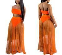 Damen durchsichtiger Mesh-transparenter Langer Rock, 3-teiliges Outfit, durchsichtiger plissierter Strandbekleidungs-Set