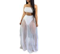Damen durchsichtiger Mesh-transparenter Langer Rock, 3-teiliges Outfit, durchsichtiger plissierter Strandbekleidungs-Set