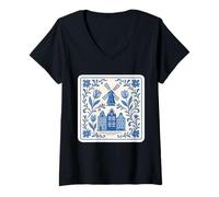 Damen Dutch Delft Blue Windmühle & Kanalhäuser mit floralen Tulpen T-Shirt mit V-Ausschnitt