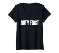 Damen Duty First Military Style Mindset Typografie Grafikdesign T-Shirt mit V-Ausschnitt