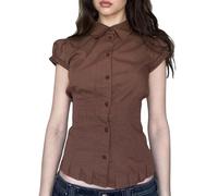 Damen E-Girls-T-Shirt, kurzärmelig, Feen-Grunge-Y2K-Hemd, niedlicher quadratischer Ausschnitt, Patchwork-Top, Vintage-Top, kokette Kleidung, J Navy Brown, Klein