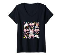 Damen Easter Colorful Eggs Bunnies Bow Tie Nurse Tool Collection T-Shirt mit V-Ausschnitt