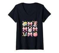 Damen Easter Colorful Eggs Bunnies Bow Tie Teacher Tool Collection T-Shirt mit V-Ausschnitt